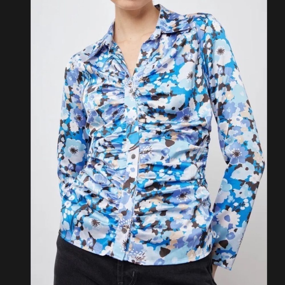 NWT‎ RAILS Women's Lisa Top Zinnia Blue Floral Collar Ruched Button Front S
